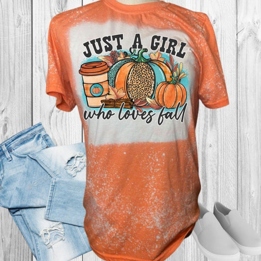 Just A Girl Who Loves Fall Leopard and Teal Pumpkin Bleached T-Shirt