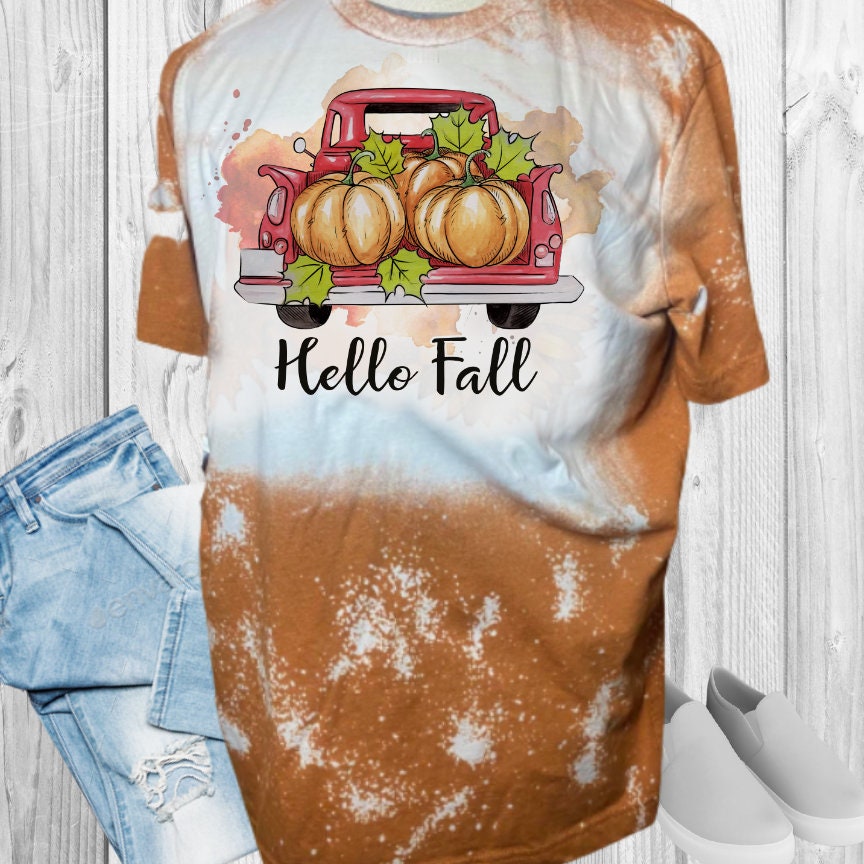 Hello Fall Red Truck Fall Bleached T-Shirt