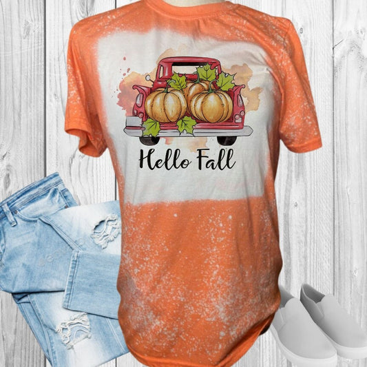 Hello Fall Red Truck Fall Bleached T-Shirt