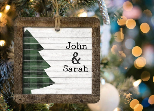 Green and Black Plaid Tree Family Name Wood Christmas Ornament/Tiered Tray Decoration