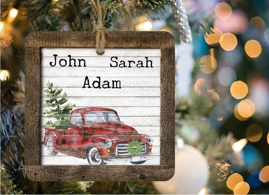 Red Truck Family Name Wood Christmas Ornament/Tiered Tray Decoration