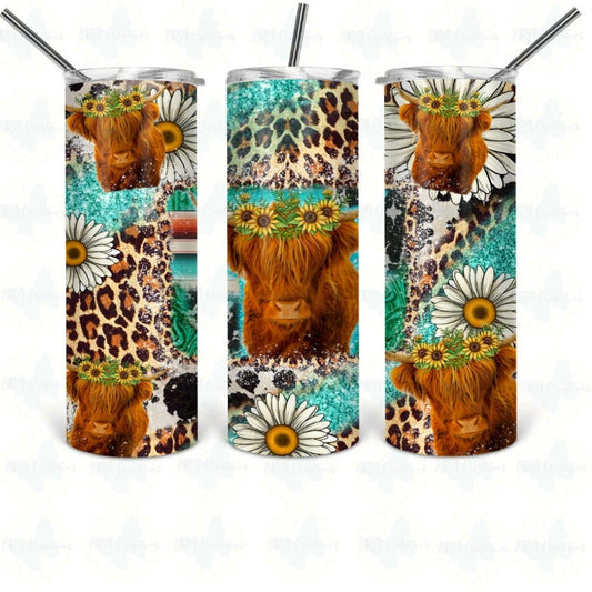 Highland Cow Sunflower Leopard Teal Gemstone Tumbler