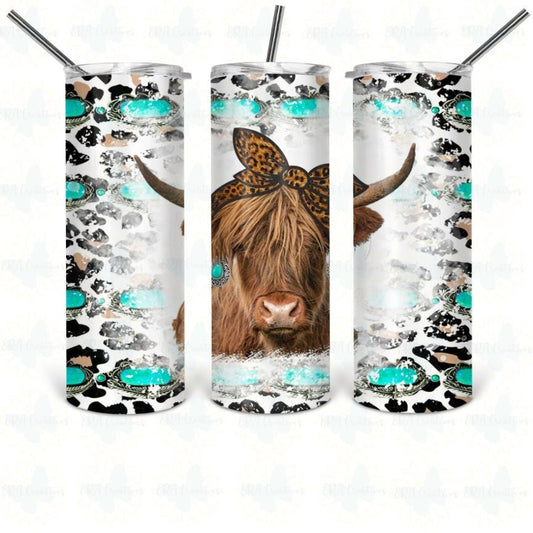 Highland Cow Leopard Teal Gemstone Tumbler